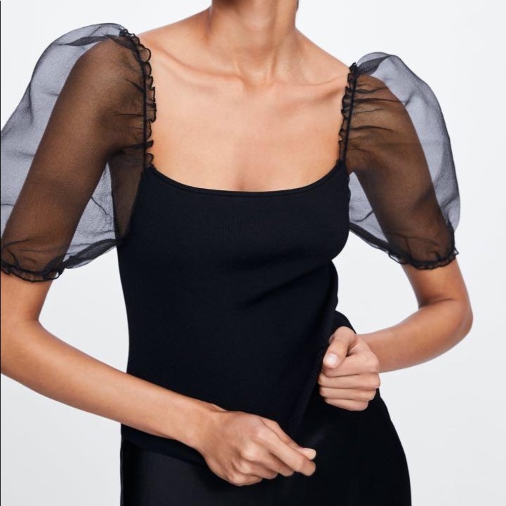 Zara Black Puff-Sleeve Sheer-Organza Square Neckline Ruffle Trim Fitted Top